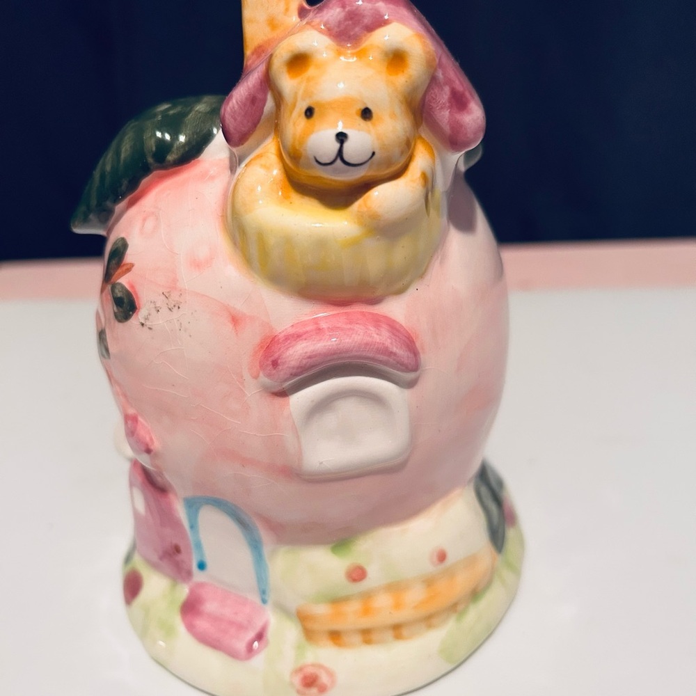 Adorable vintage whimsical pink house with bear piggy bank- preloved